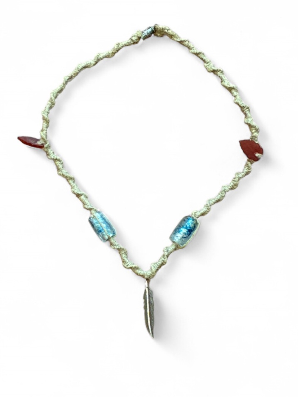 Y2K Handmade Braided Choker with Blue Beads and Red Leaf Feather Accents